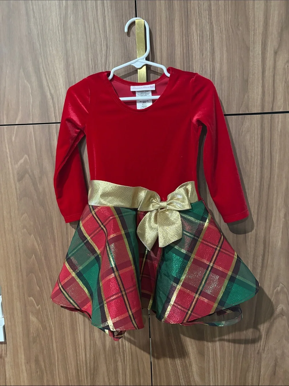 Bonnie Jean Red Velvet & Plaid Holiday Dress with Gold Bow